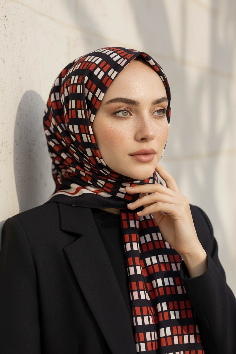 KREP KARE DESENLİ KIRMIZI RENKLİ 75X195 KIRIŞMAZ ŞAL