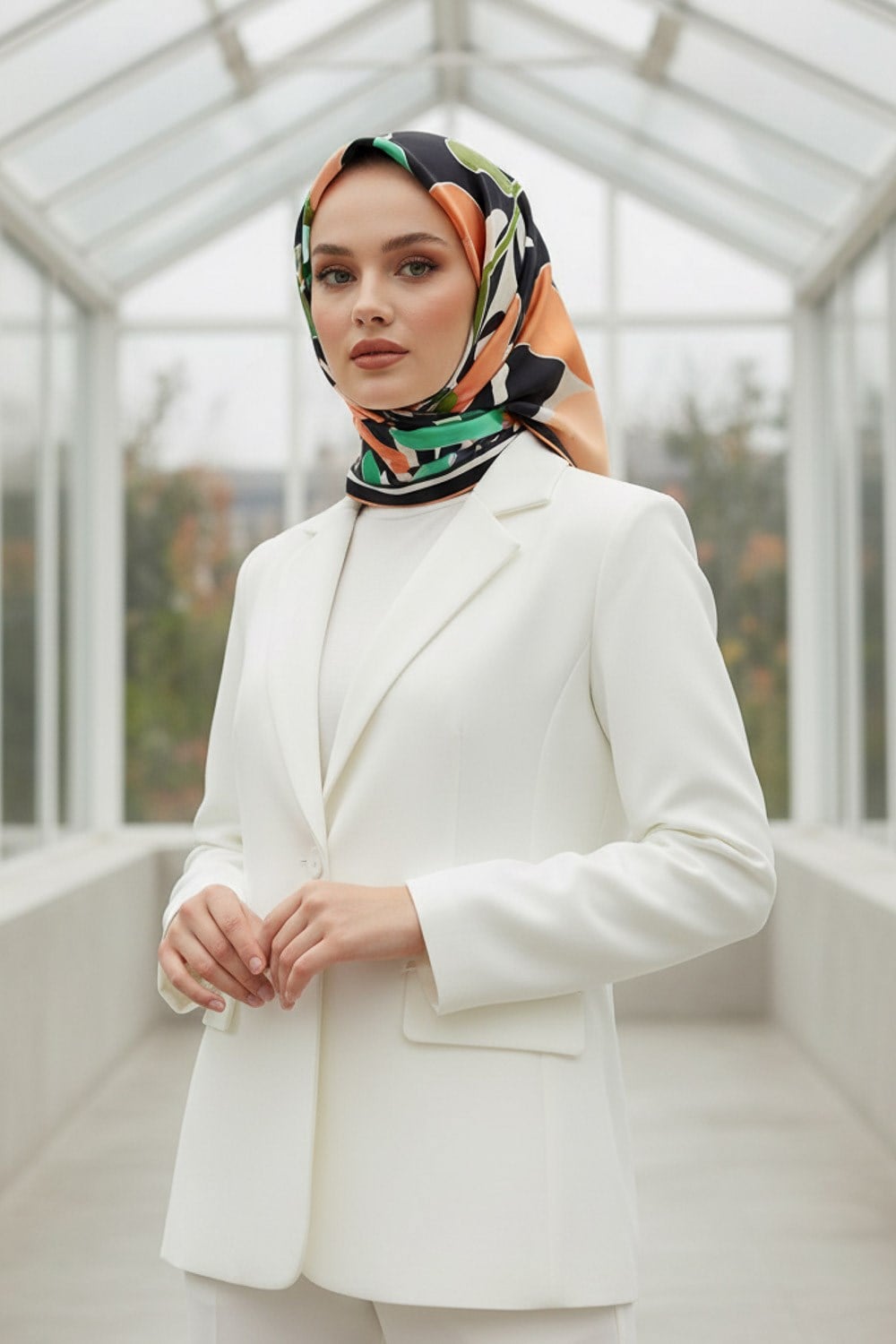 %100 Twill İpek Yaprak Desenli Somon - Su Yeşili Renkli 90x90 Eşarp Dikim Şekli : El Dikişi