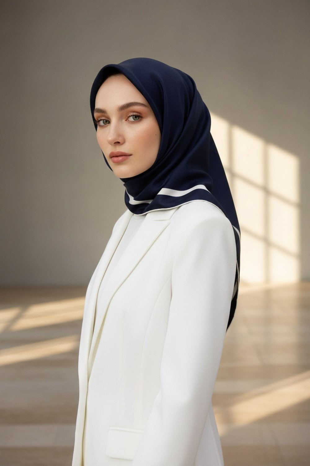 100% Twill İpek Düz Renk Bordür Desenli Lacivert - Krem Renkli Daha Tok Exclusive Serisi 90x90 Dikim Şekli : El Dikişi Eşarp