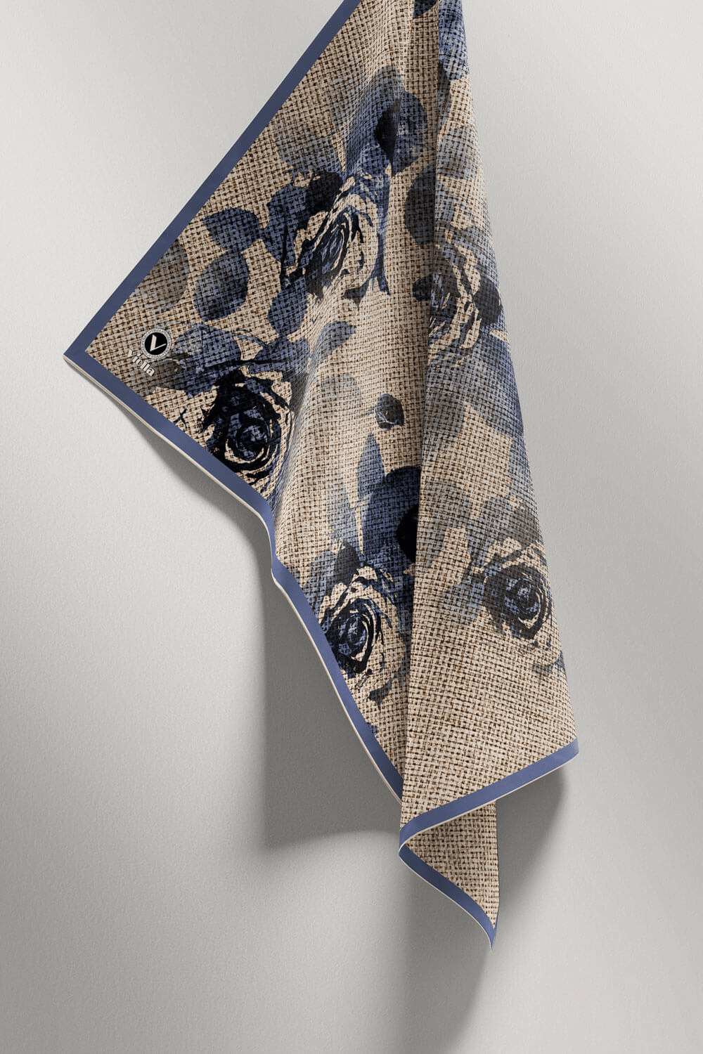 Twill Gül Desenli İndigo Mavisi Renkli 90x90 Eşarp (İpek İçermez) Kenar Dikiş Şekli El Dikişli
