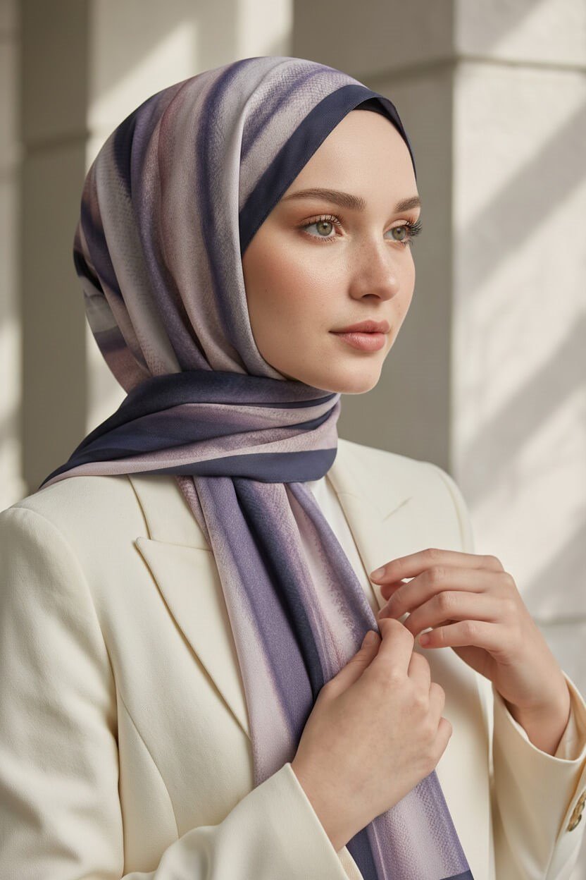 KREP SULU BOYA ÇİZGİLİ DESENLİ PUDRA RENKLİ 75X195 KIRIŞMAZ ŞAL
