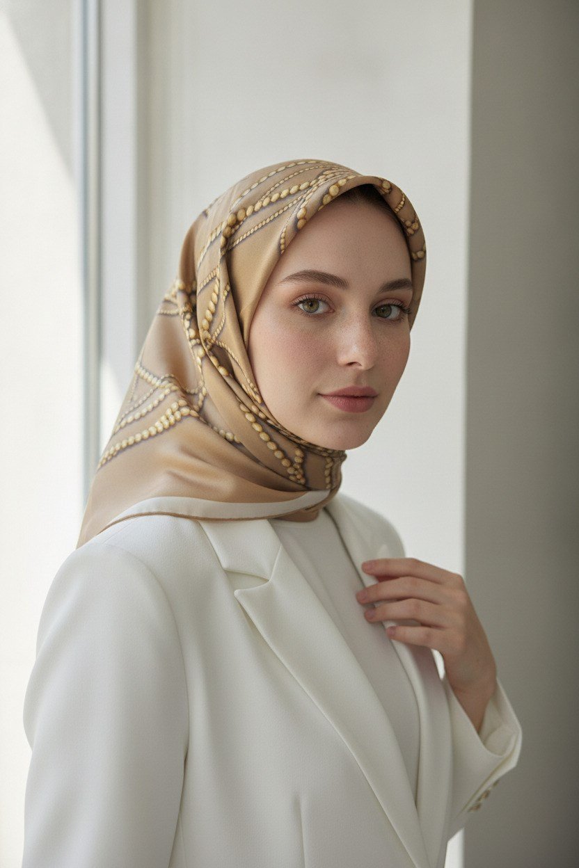 %100 Twill İpek İnci Desenli Bej Renkli 90x90 Eşarp Kenar Dikiş Şekli : El Dikişli