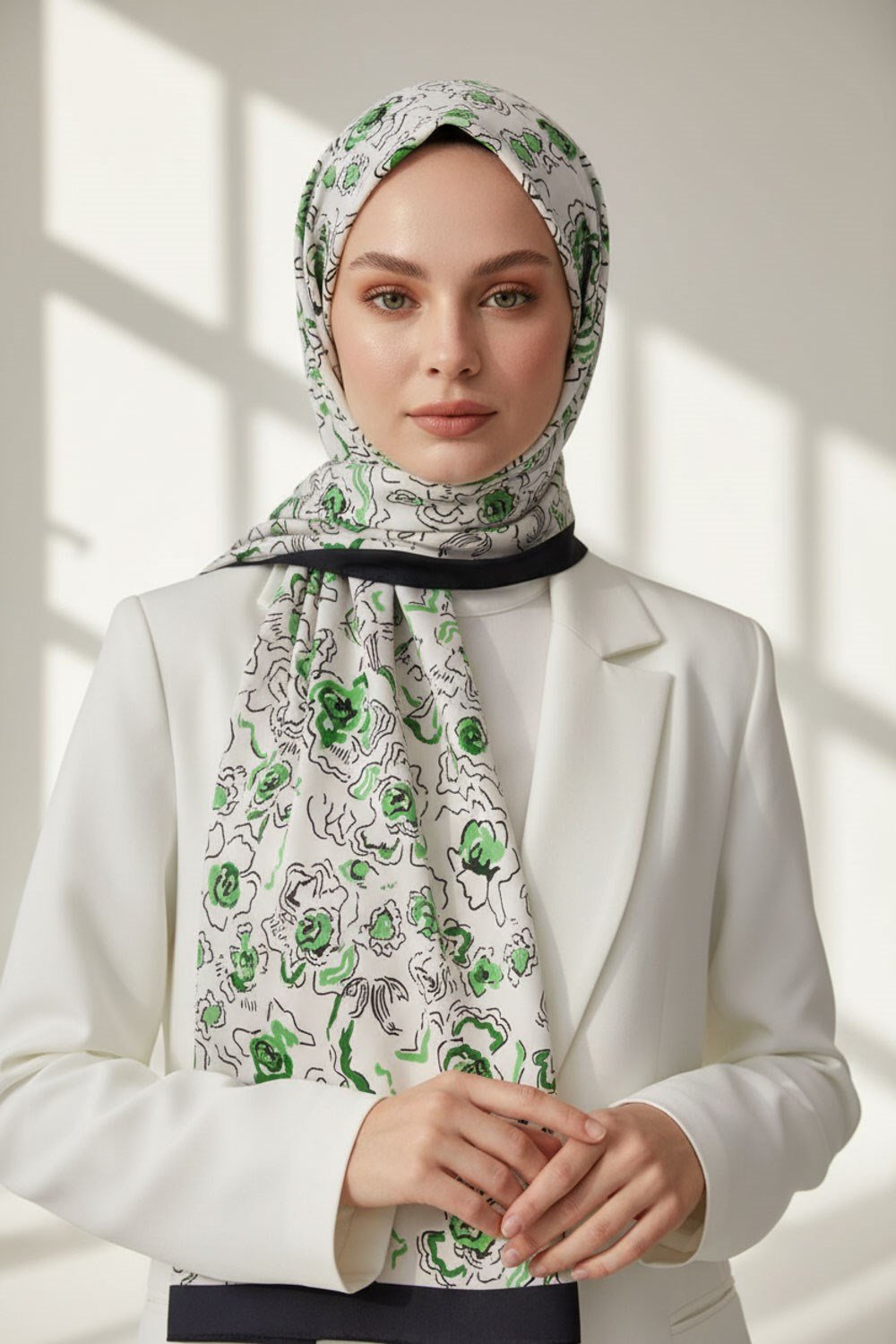 KREP ÇİÇEKLİ ZÜMRÜT YEŞİLİ - MİNT YEŞİLİ RENKLİ 75X195 KIRIŞMAZ ŞAL