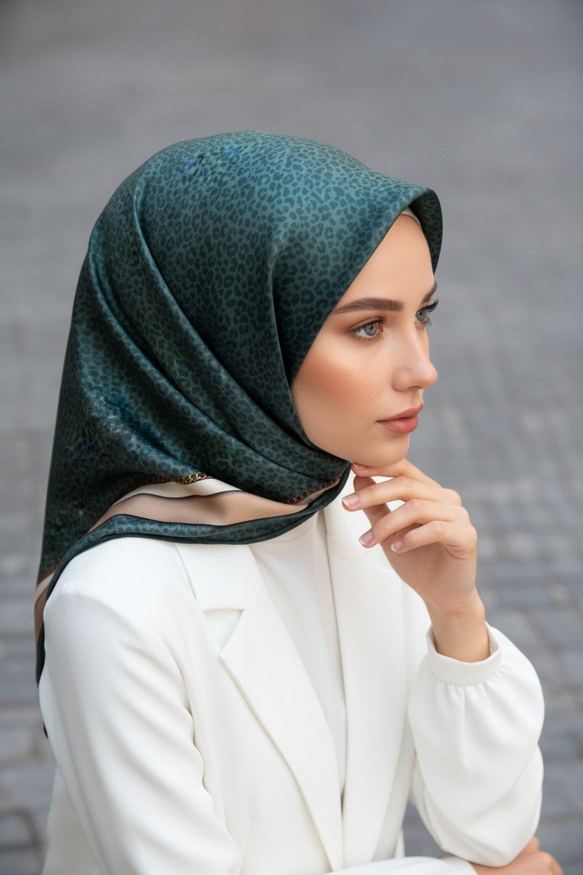 % 57 İPEK % 43 VİSKON Twill İpek Leopar Desenli Petrol Yeşili Renkli 90x90 Eşarp Dikim Şekli : El Dikişi