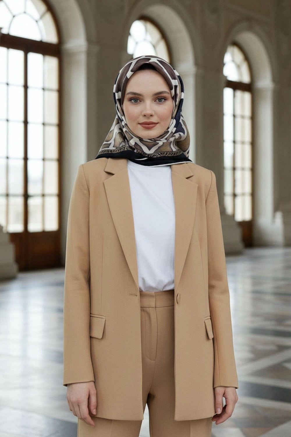 %100 Twill İpek Zürafa Desenli Sütlü Kahve - Bej Renkli 90x90 Eşarp Dikim Şekli : El Dikişi