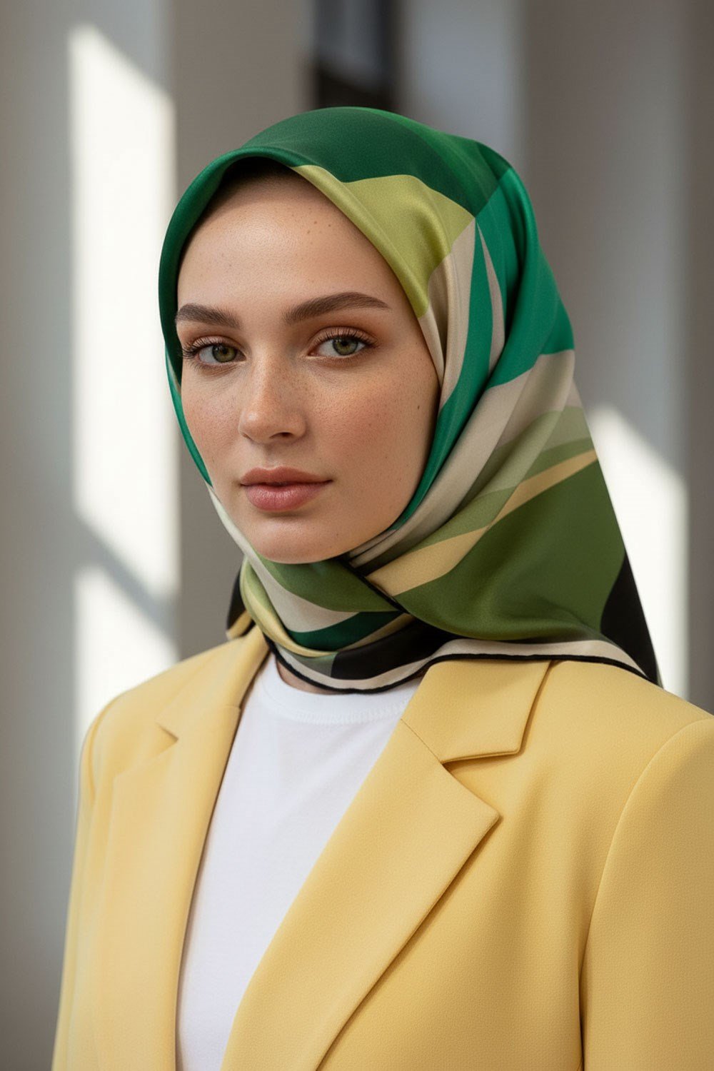 %100 Twill İpek Geometrik Desenli Zümrüt Yeşili Renkli 90x90 Eşarp Dikim Şekli : El Dikişi