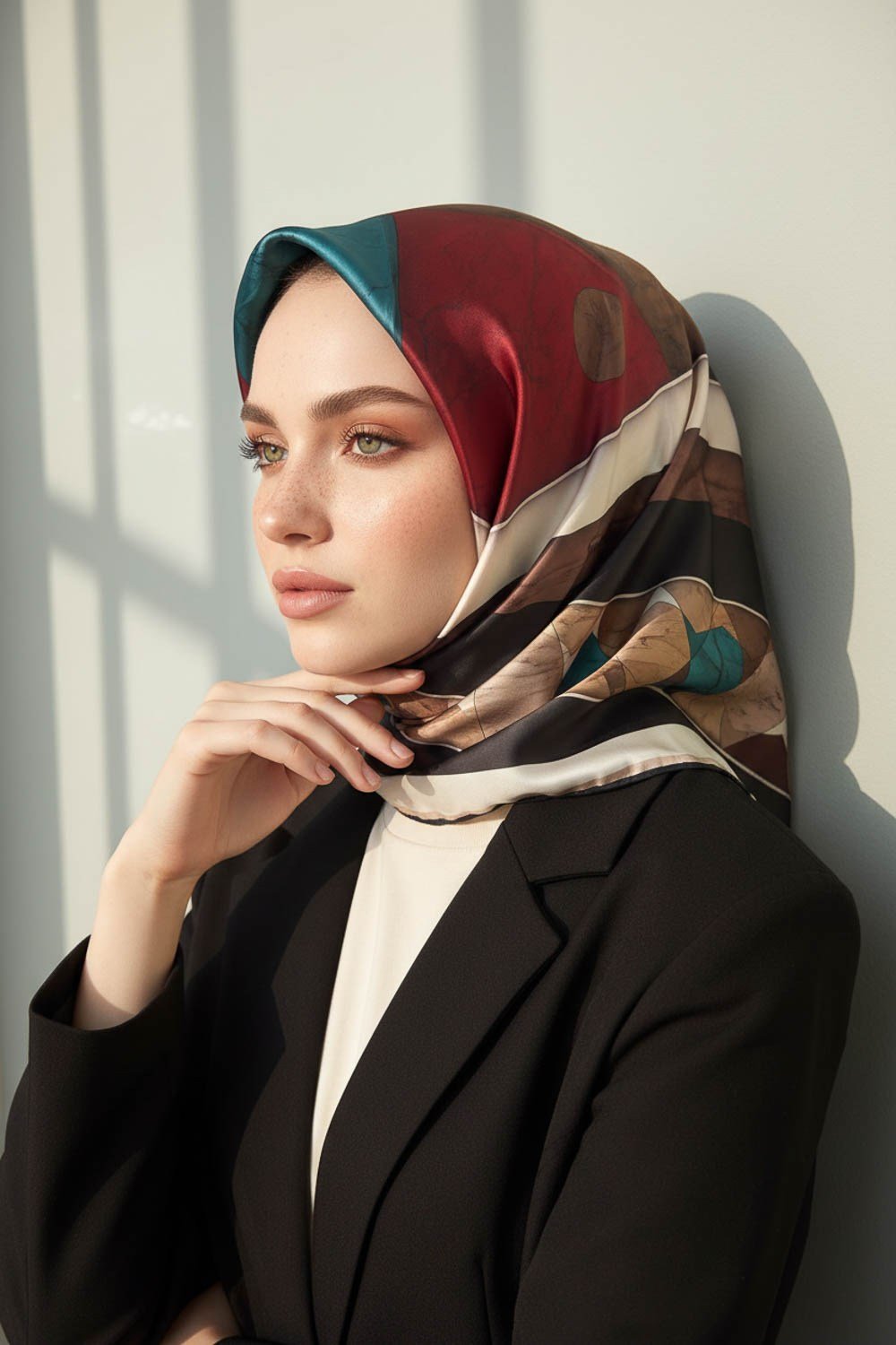 Rayon Geometrik Mermer Desenli Petrol Yeşili Renkli 90x90 Eşarp (İpek İçermez) Kenar Dikiş Şekli El Dikişli
