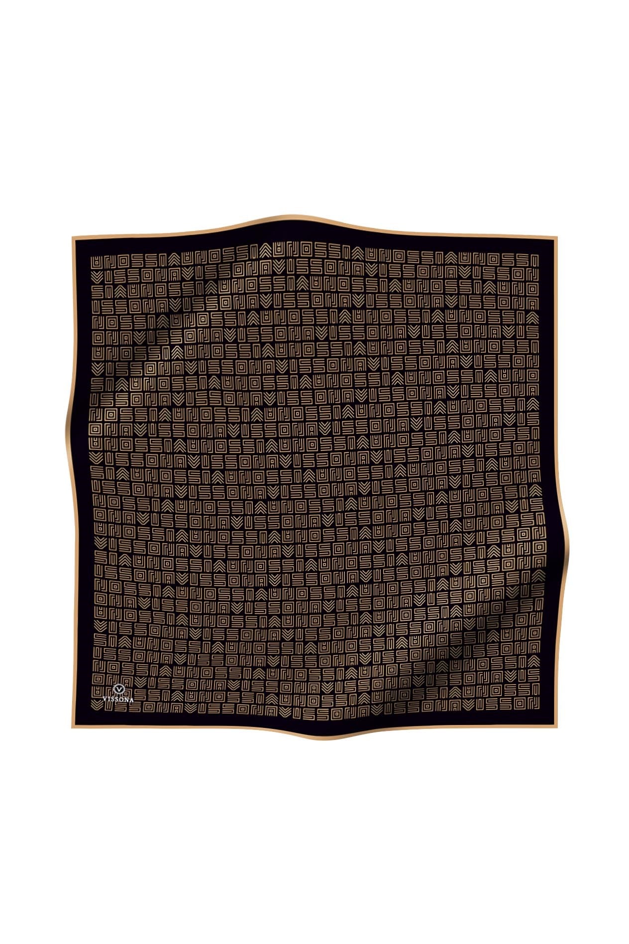 %57 İPEK %43 VİSKON Twill İpek Etnik Motif Desenli Siyah - Gold Renkli 90x90 Eşarp Dikim Şekli : El Dikişi