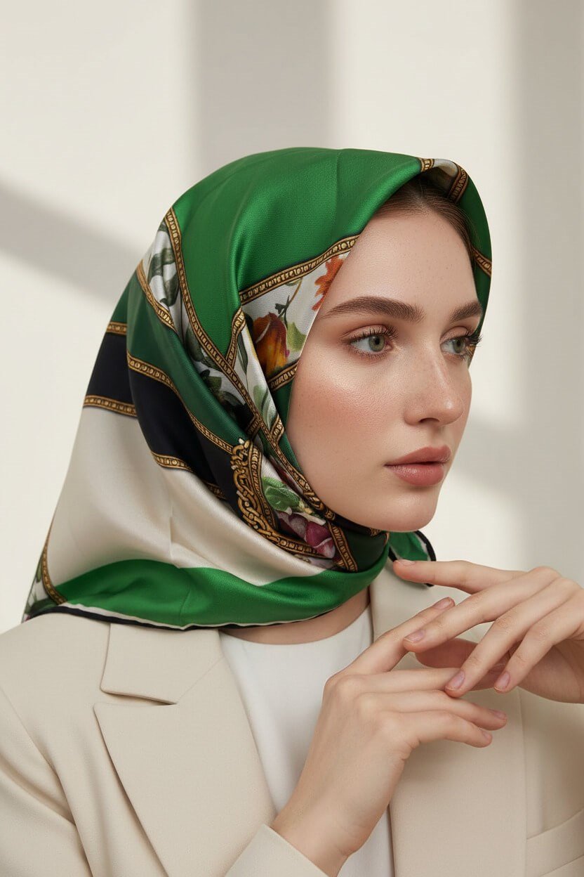 100% Twill İpek Şeritli Çiçek Desenli Zümrüt Yeşili - Krem Renkli 90x90 Dikim Şekli : El Dikişi Eşarp