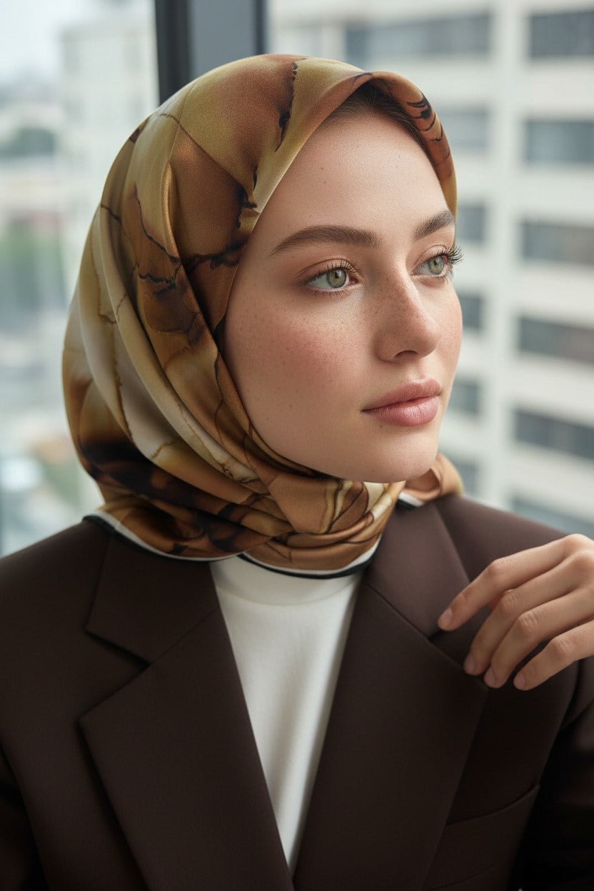 %100 Twill İpek Batik Çiçek Desenli Taba - Hardal Renkli 90x90 Eşarp Kenar Dikiş Şekli El Dikişli