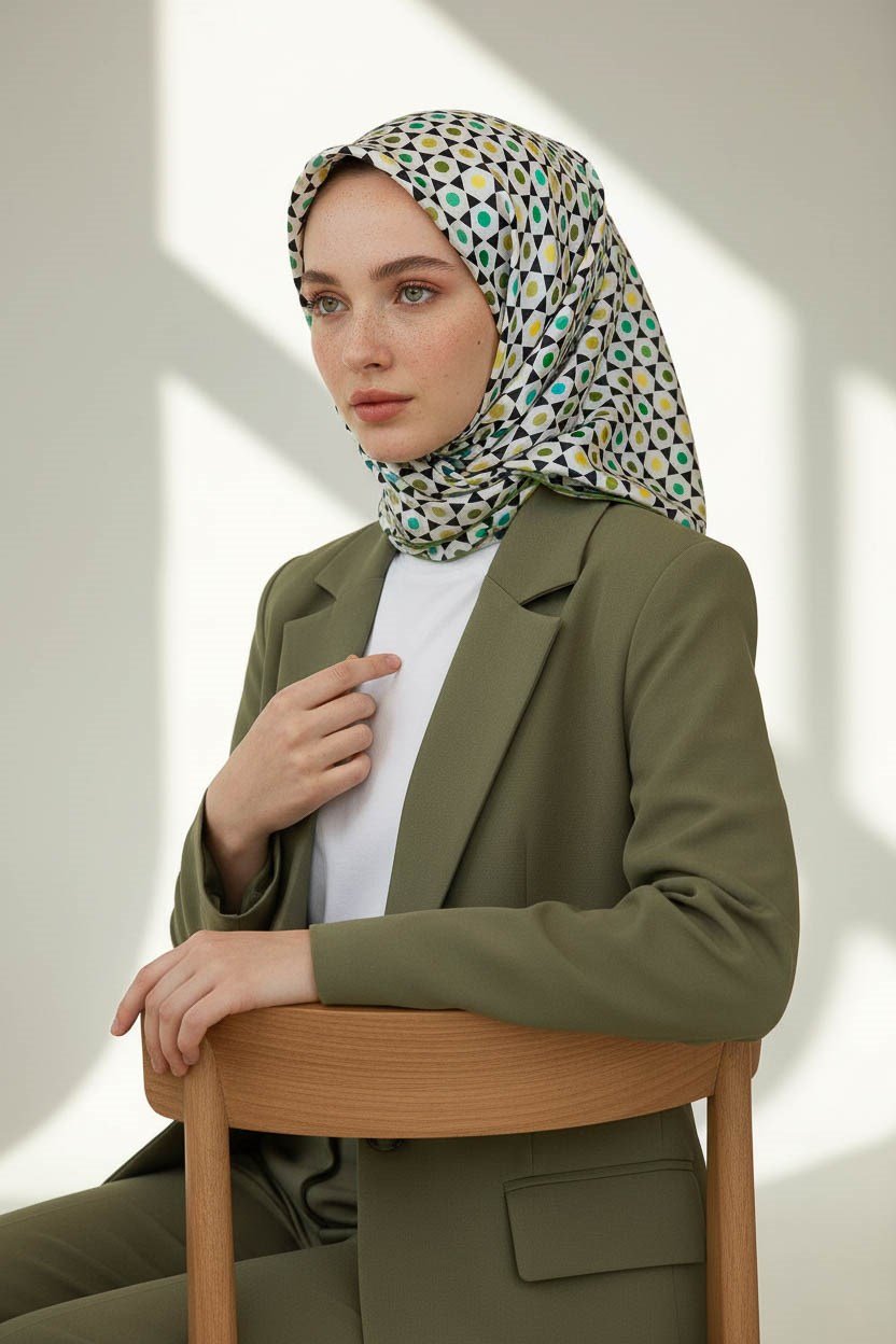 %100 Twill İpek Nokta Desenli Krem - Haki Renkli 90x90 Eşarp Dikim Şekli : El Dikişi