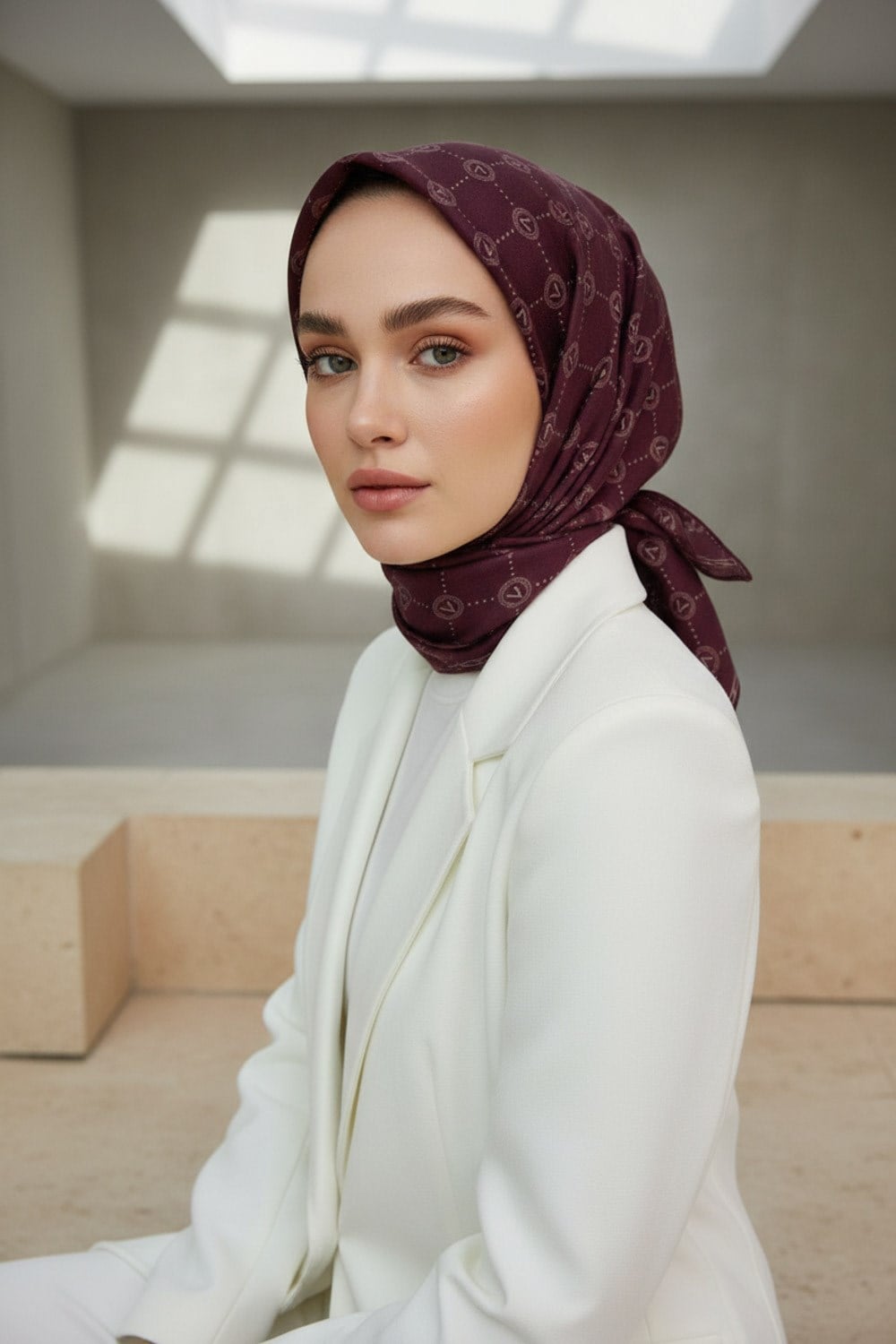 %100 Twill İpek Monogram Desenli Şarabi Renkli 90x90 Eşarp Dikim Şekli : El Dikişi
