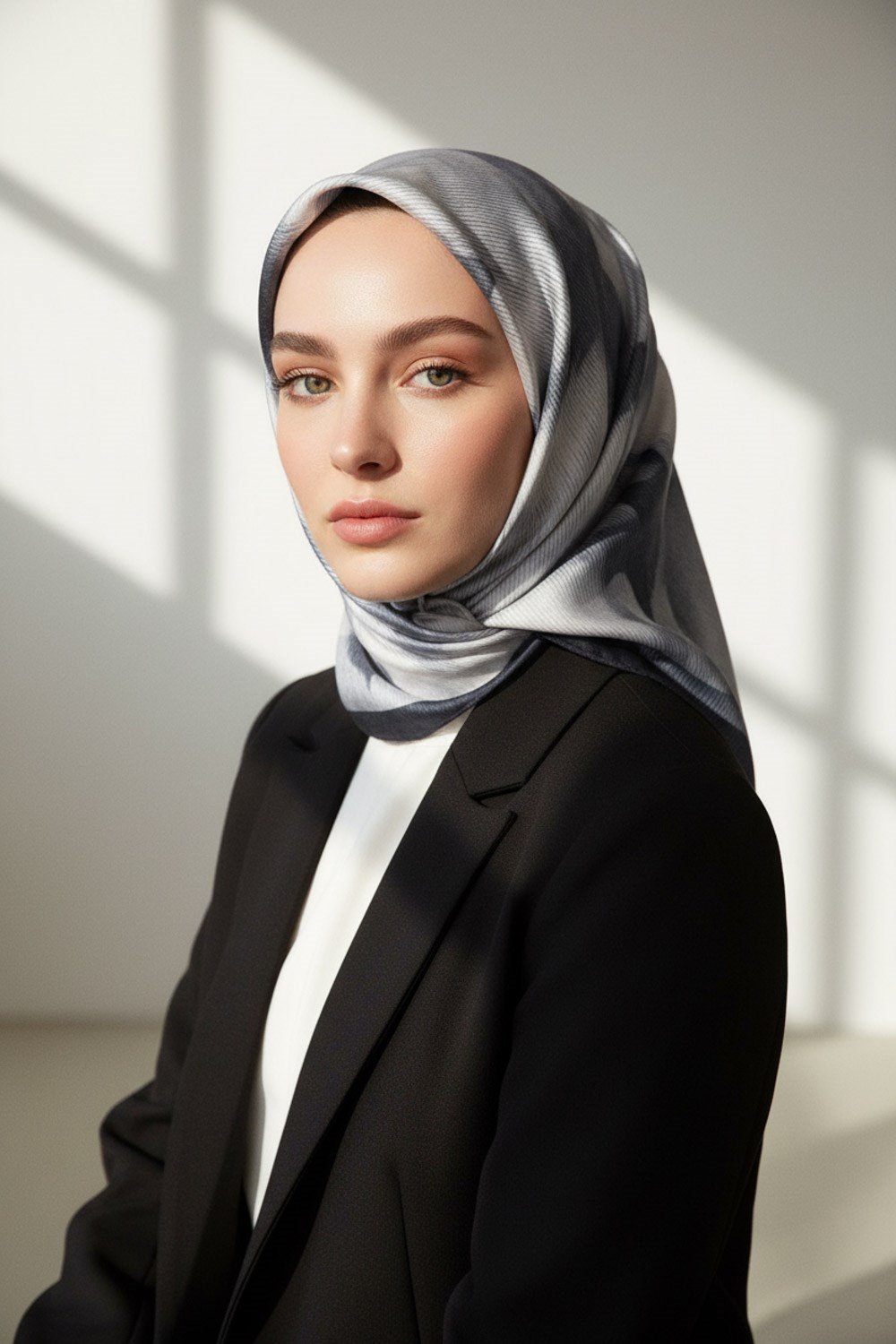 %100 Twill İpek Yaprak Desenli Gri - Siyah Renkli 90x90 Eşarp Dikim Şekli : El Dikişi