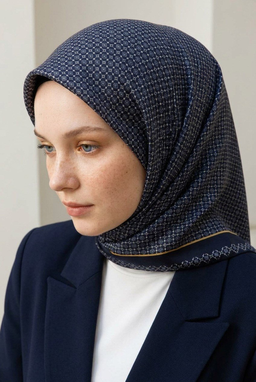 %100 Twill İpek Minik Motif Desenli Lacivert - Lacivert Renkli 90x90 Eşarp Dikim Şekli : El Dikişi