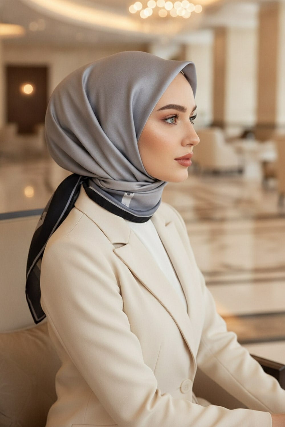 %100 Twill İpek Kenar Motifi Çiçek Desenli Gri - Gümüş Renkli 90x90 Eşarp Dikim Şekli : El Dikişi