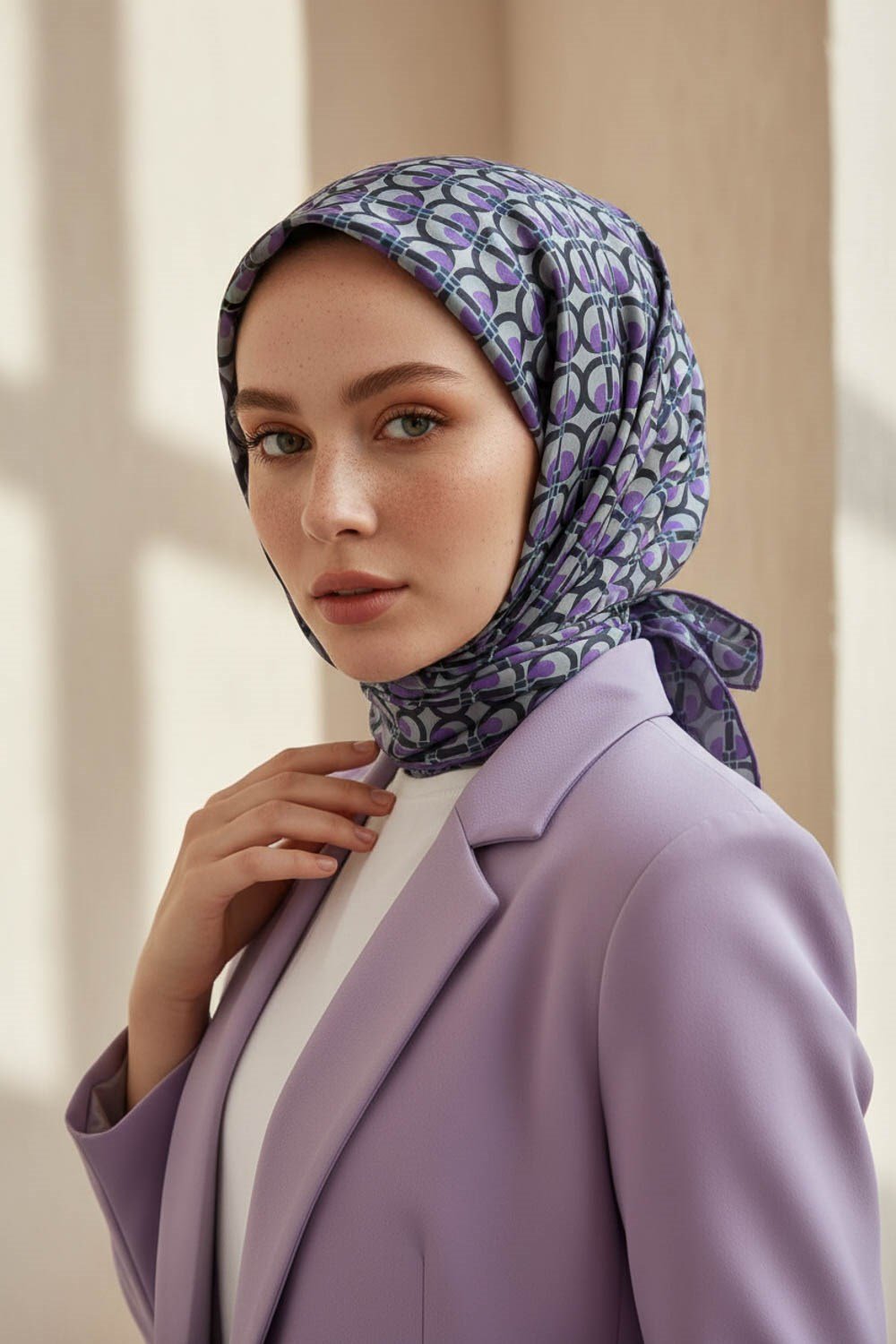 %100 Twill İpek Geometrik Desenli Lila Renkli 90x90 Eşarp Dikim Şekli : El Dikişi