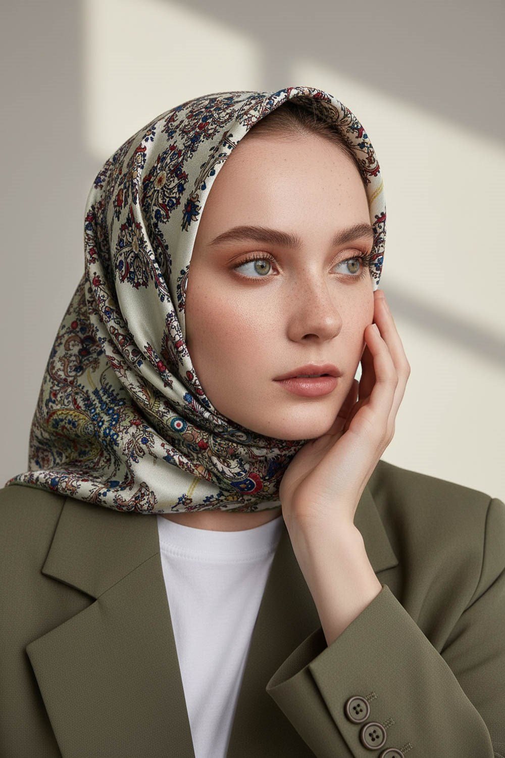 %100 Twill İpek Şal Desenli Haki Renkli 90x90 Eşarp Dikim Şekli : El Dikişi