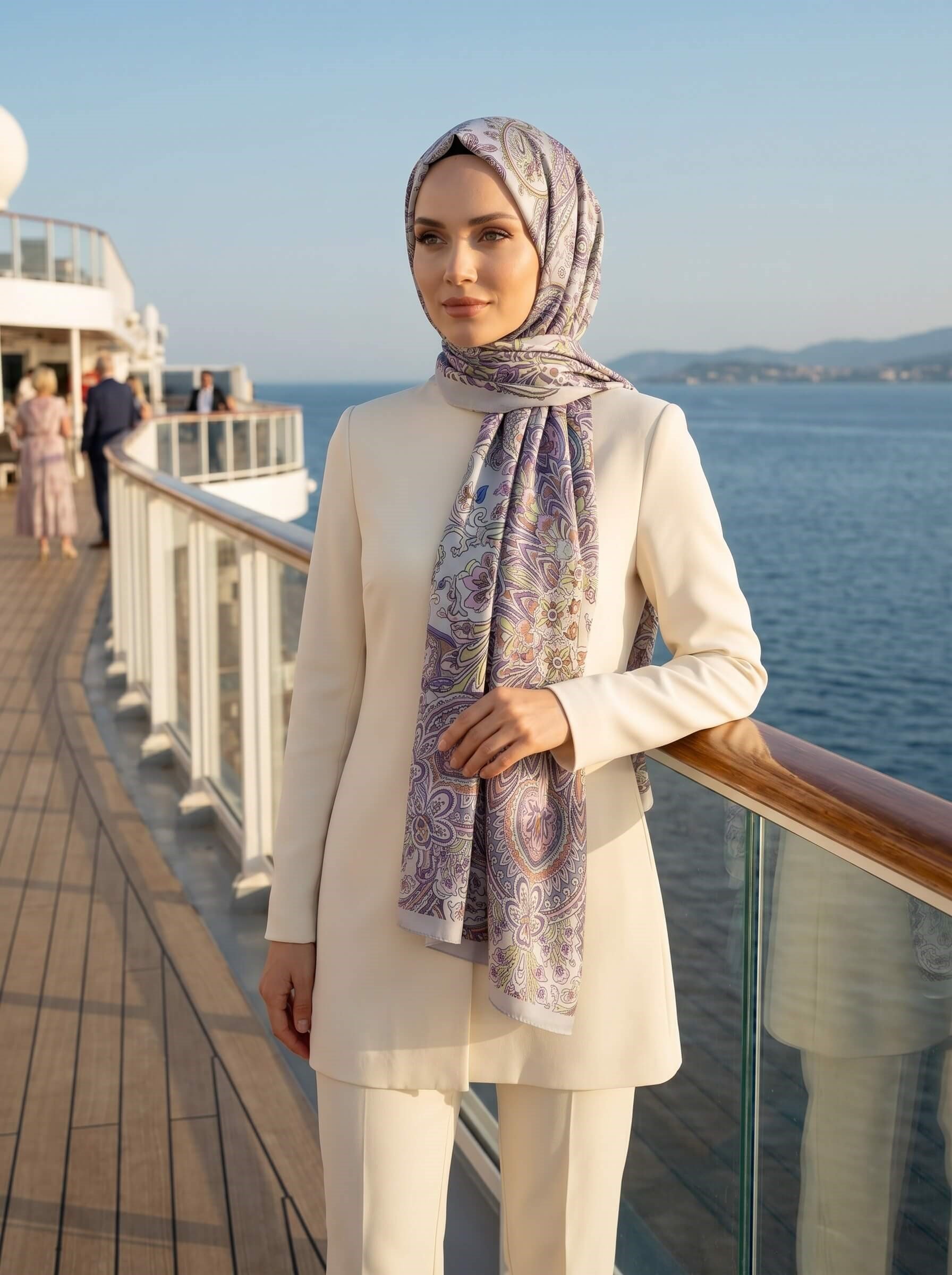 %100 Saf İpek Şal İnce Saten Vual Dokuma Etnik Desenli Gri - Pembe Renkli 90x210 Şal