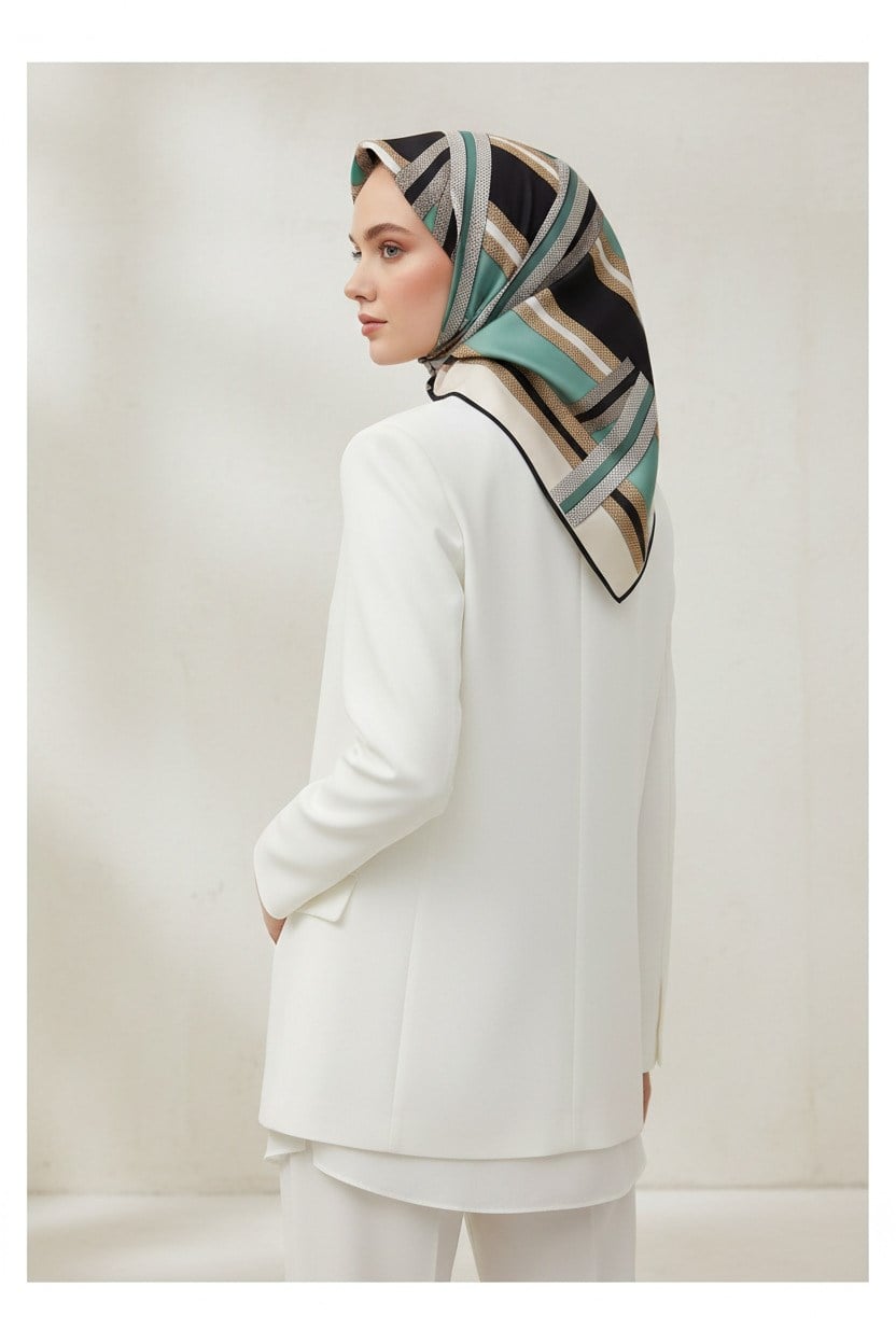 %100 Twill İpek Geometrik Desenli Siyah - Mint Yeşili Renkli 90x90 Eşarp Dikim Şekli : El Dikişi