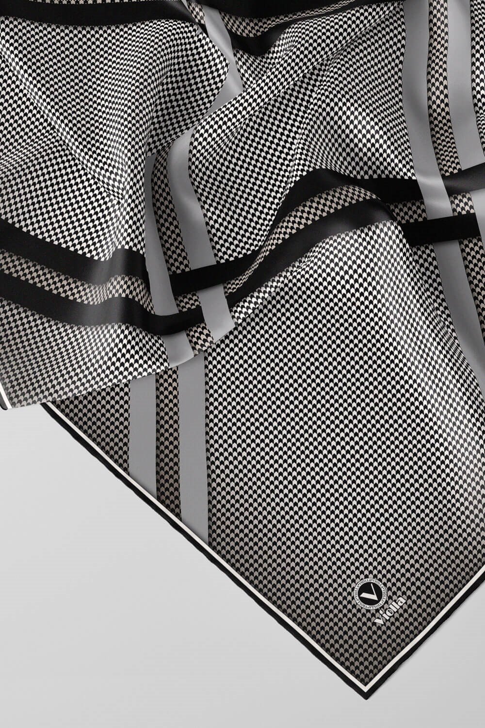 Twill Çizgili Pötikareli Çizgili Desenli Siyah - Gri Renkli 90x90 Eşarp (İpek İçermez)