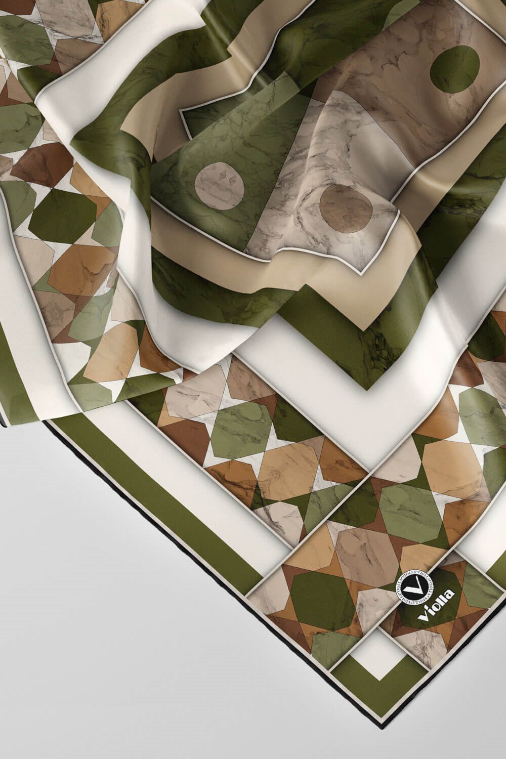 Twill Geometrik Mermer Desenli Haki Renkli 90x90 Eşarp (İpek İçermez) Kenar Dikiş Şekli El Dikişli