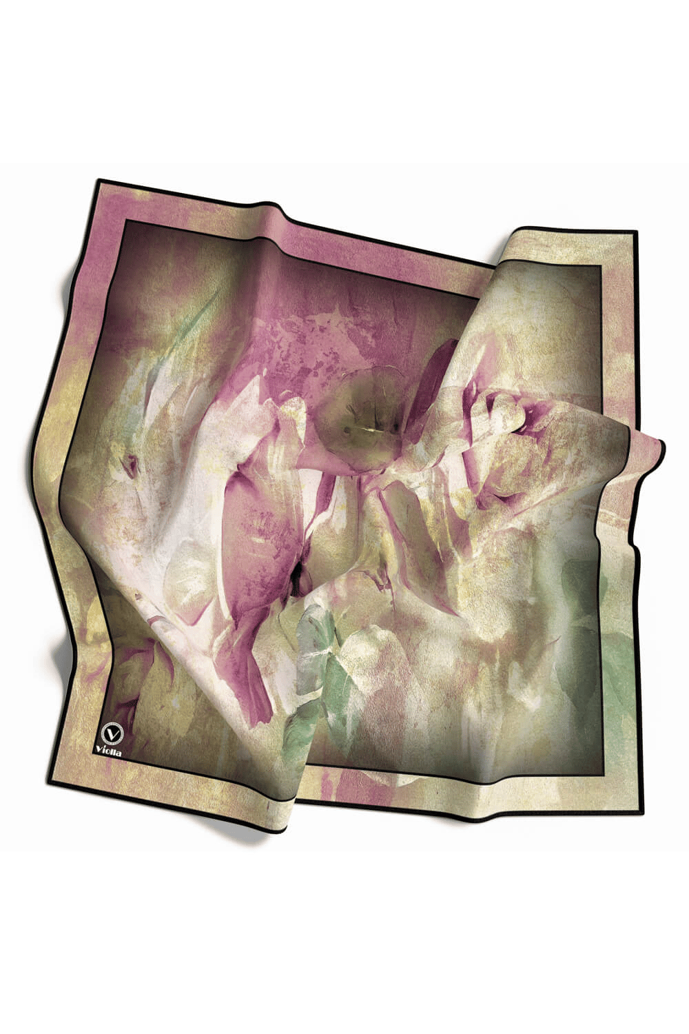 Twill Sulu Boyalı Çiçek Desenli Pembe Renkli 90x90 Eşarp (İpek İçermez) Kenar Dikiş Şekli El Dikişli