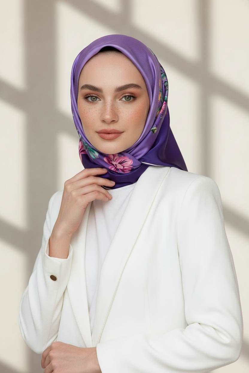 %100 Twill İpek Sonsuz Çiçek Desenli Lila Renkli 90x90 Eşarp Dikim Şekli : El Dikişi