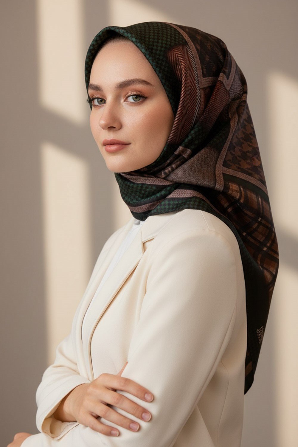 %100 Twill İpek Kazakayaklı Ve Ekose Desenli Zümrüt Yeşili - Siyah Renkli 90x90 Eşarp Dikim Şekli : El Dikişi
