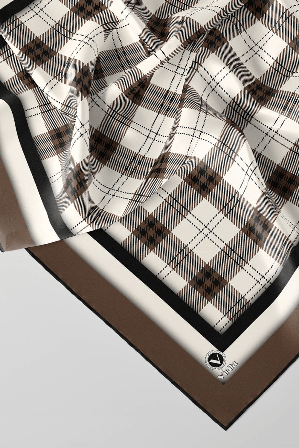Twill Ekose Desenli Vizon Renkli 90x90 Eşarp (İpek İçermez) Kenar Dikiş Şekli El Dikişli