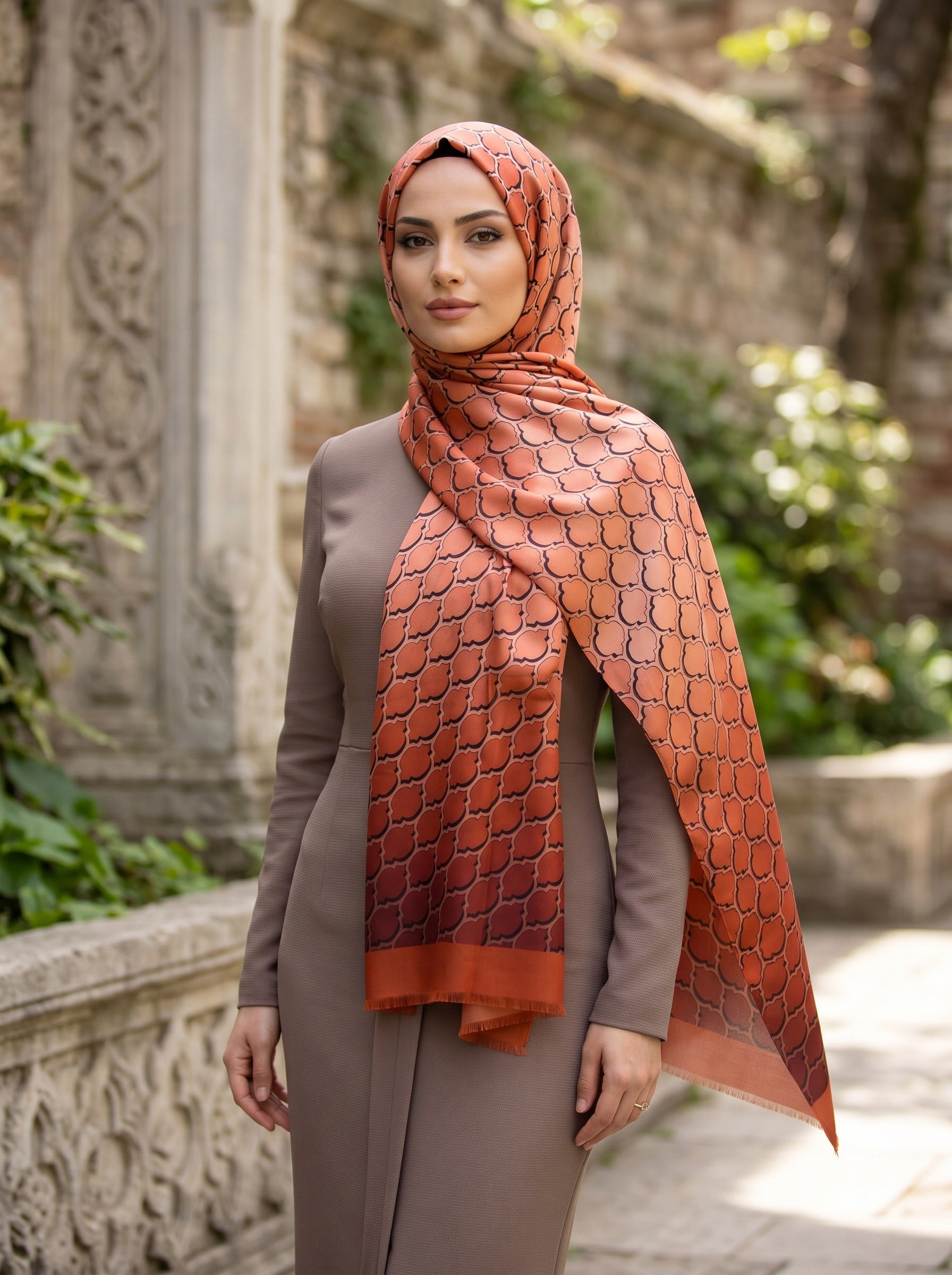 %100 Saf İpek Şal İnce Saten Vual Dokuma Petek Desenli Taba - Somon Renkli 90x210 Şal