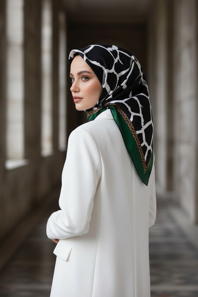 %100 Twill Taş Desenli Siyah - Zümrüt Yeşilli Renkli 90x90 Eşarp Dikim Şekli: El Dikişi