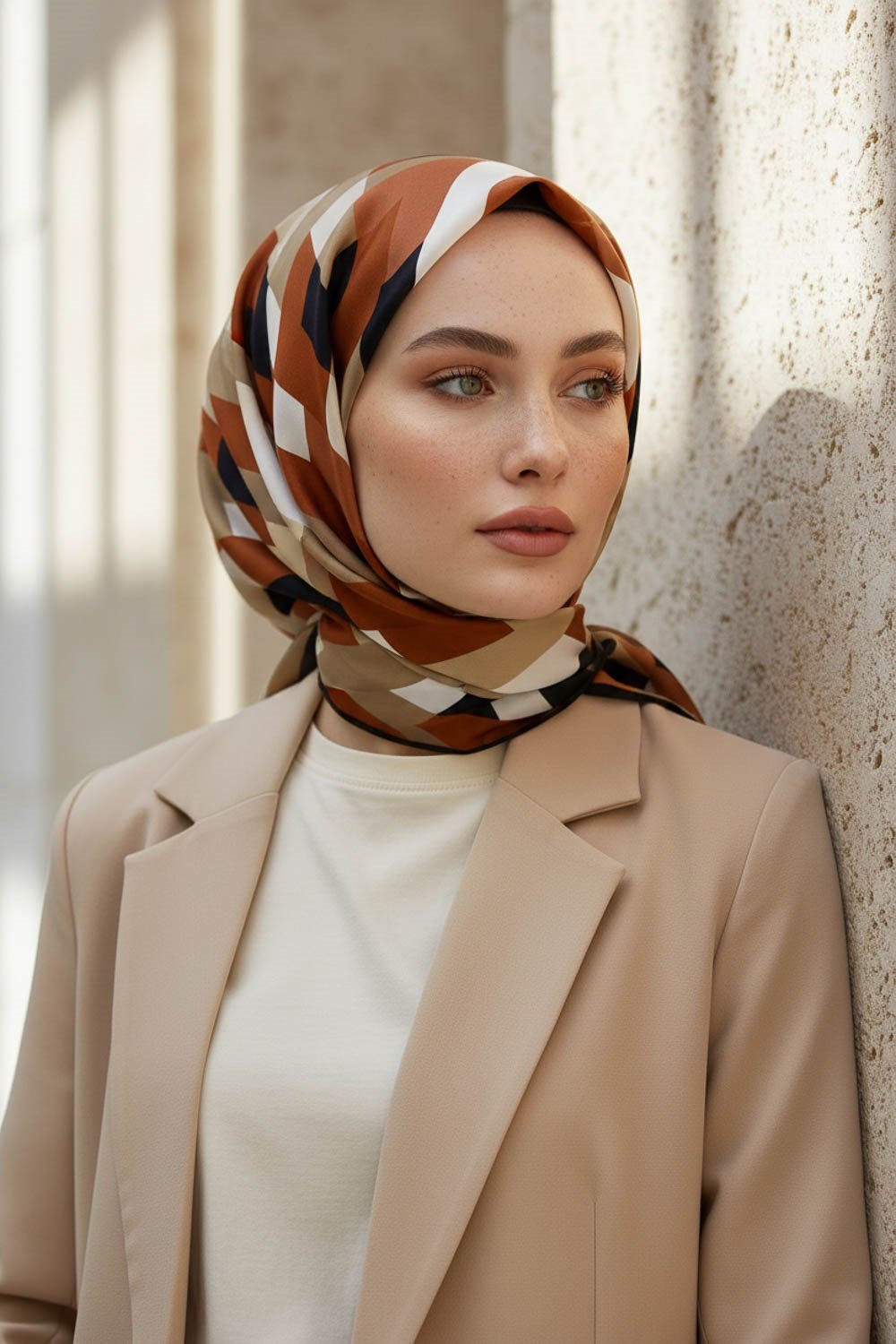 KREP GEOMETRİK DESENLİ TABA RENKLİ 75X195 KIRIŞMAZ ŞAL