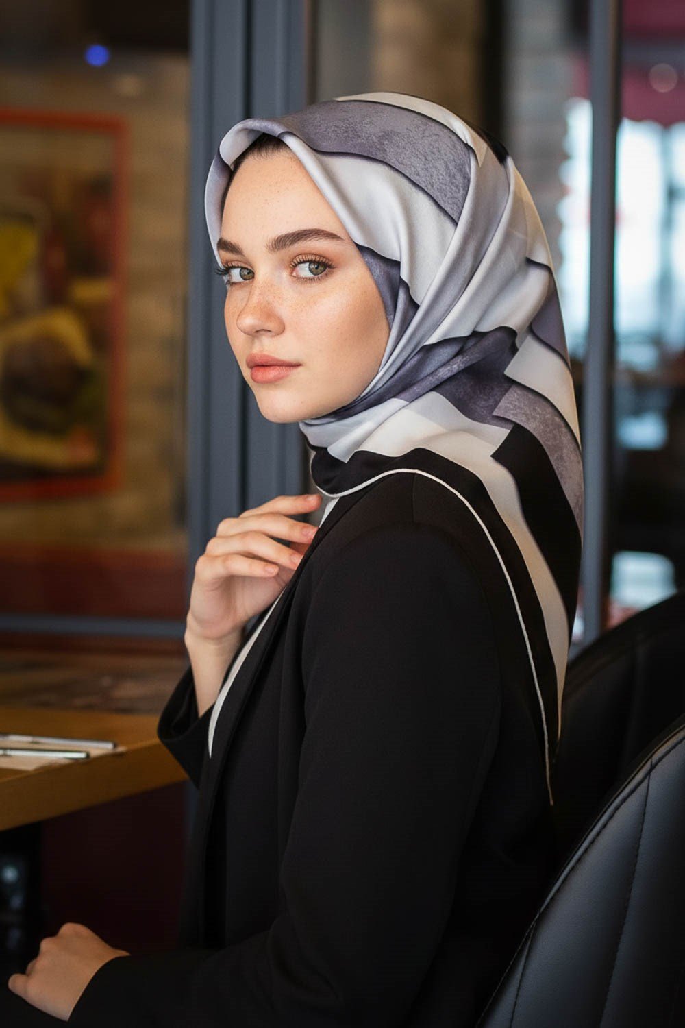 % 57 İPEK % 43 VİSKON Twill Geometrik Bulut  Desenli Siyahlı Grili  Renkli 90x90 Eşarp Dikim Şekli: El Dikişi