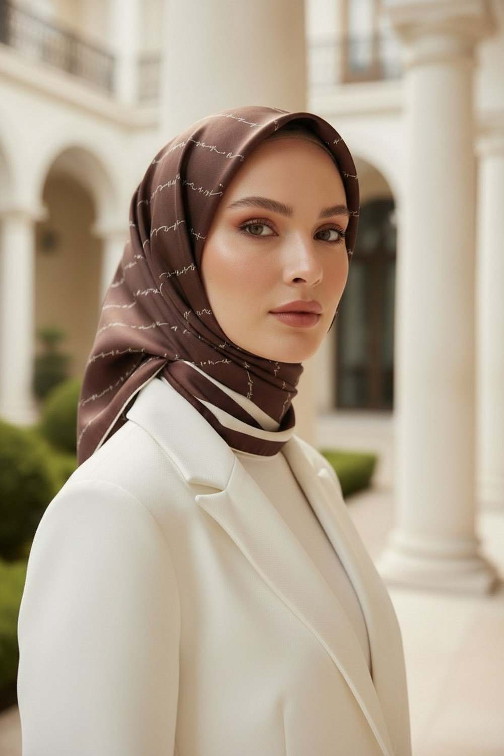 %100 Twill İpek Eşarp 90x90 El Yazısı Vissona Desenli El Dikişli Kadın Eşarp