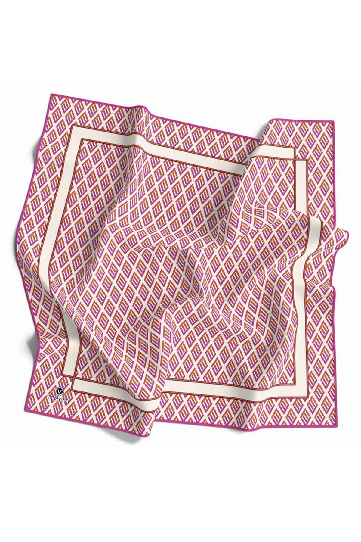 %100 Twill İpek Geometrik Desenli Fuşya - Turuncu Renkli 90x90 Eşarp Dikim Şekli : El Dikişi