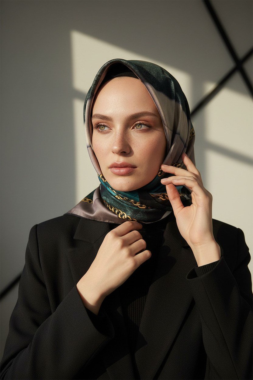 %100 Twill İpek Taş Efekti Desenli Petrol Mavisi - Siyah Renkli 90x90 Eşarp Dikim Şekli : El Dikişi