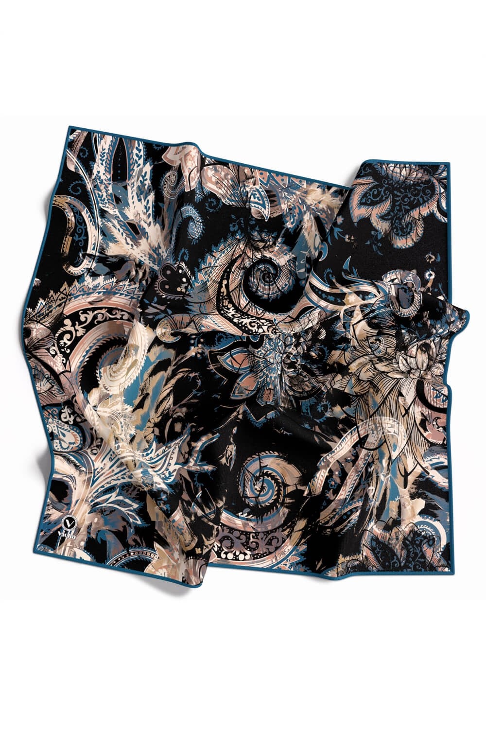Twill Şal Desenli Petrol Yeşili Renkli 90x90 Eşarp (İpek İçermez) Kenar Dikiş Şekli El Dikişli