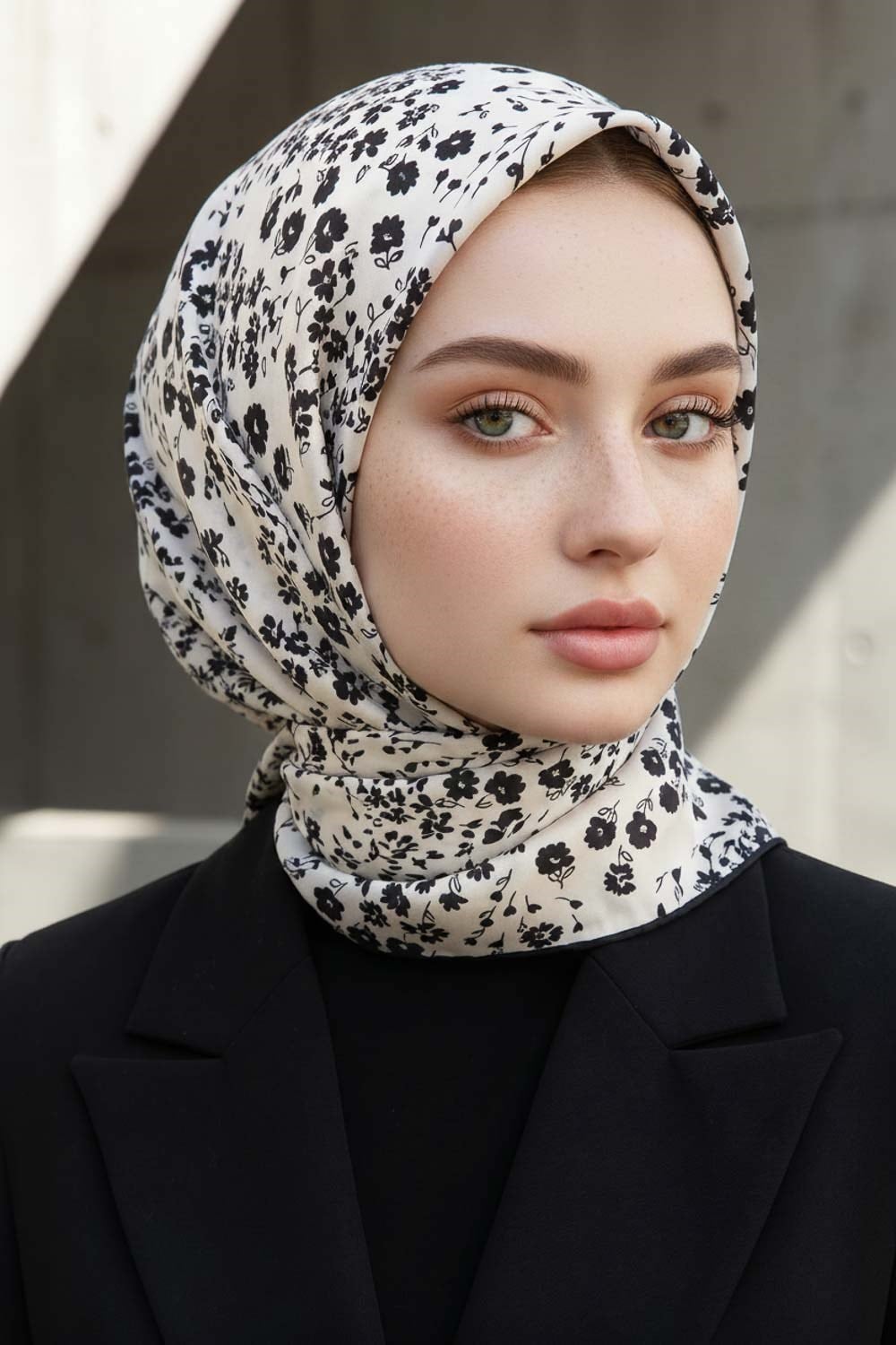 %100 Twill İpek Çıtır Çiçek Desenli Krem - Siyah Renkli 90x90 Eşarp Dikim Şekli : El Dikişi