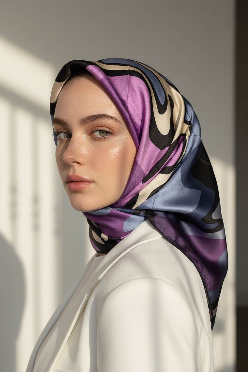 100% Twill İpek Dalga Desenli İndigo - Lila Renkli 90x90 Dikim Şekli : El Dikişi Eşarp