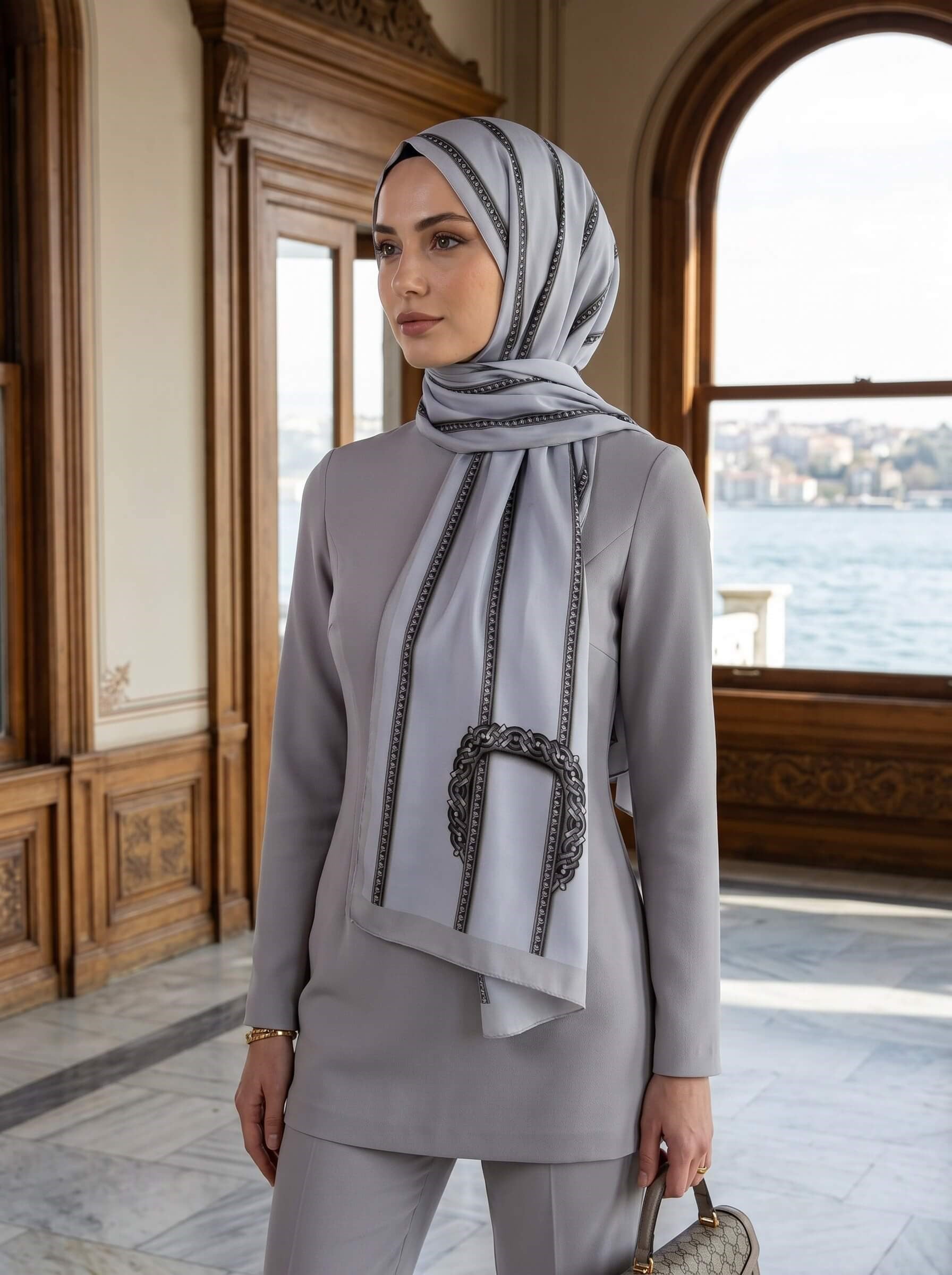 KREP ZİNCİR DESENLİ GRİ RENKLİ 75X195 KIRIŞMAZ ŞAL