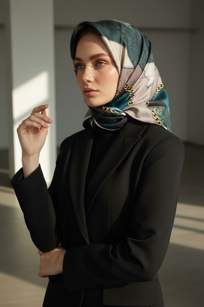 %100 Twill İpek Taş Efekti Desenli Petrol Mavisi - Siyah Renkli 90x90 Eşarp Dikim Şekli : El Dikişi