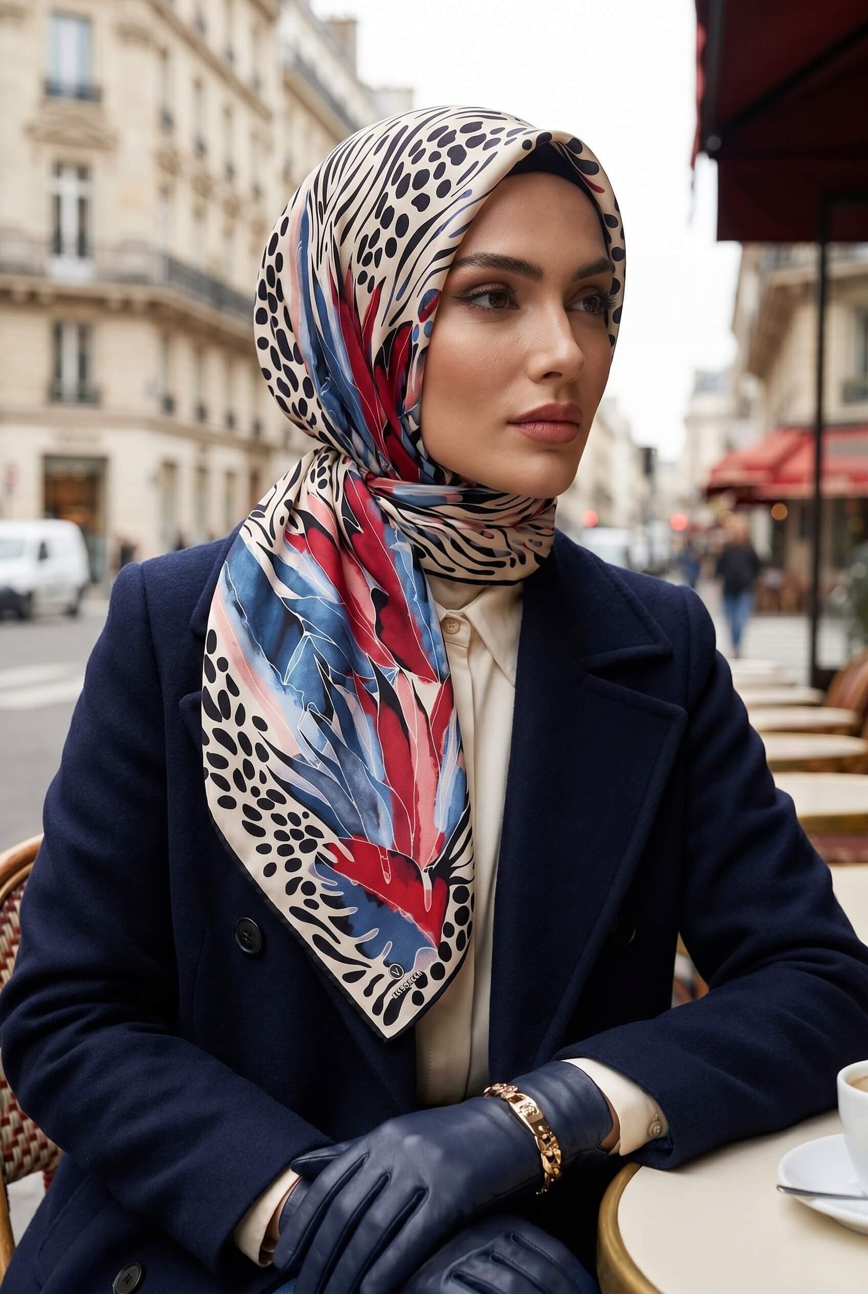 %100 Twill İpek Amazon Desenli Kırmızı- İndigo Renkli 90x90 Eşarp Kenar Dikiş Şekli El Dikişli