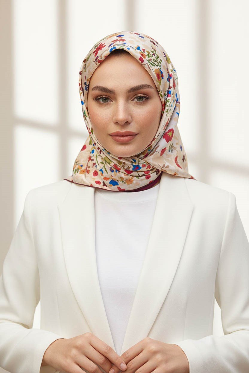 %100 Twill İpek Çıtır Çiçek Desenli Krem - Bordo Renkli 90x90 Eşarp Dikim Şekli : El Dikişi