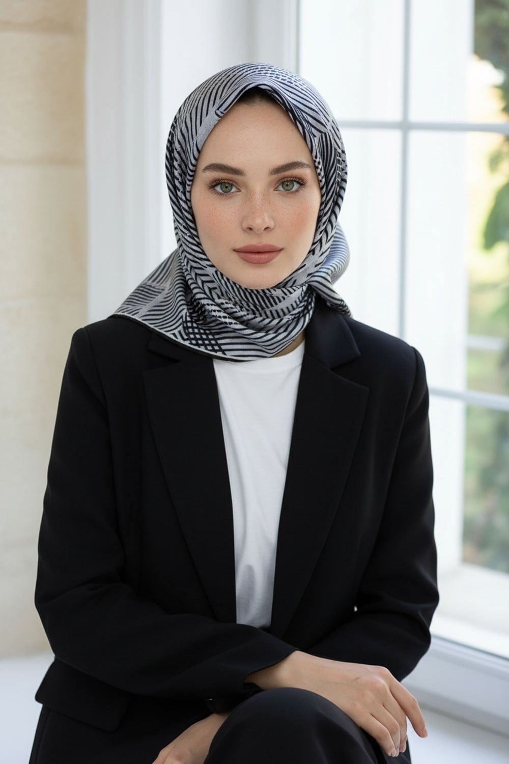 %100 Twill İpek Çizgili Çiçek Desenli Siyah - Gri Renkli 90x90 Eşarp Dikim Şekli : El Dikişi