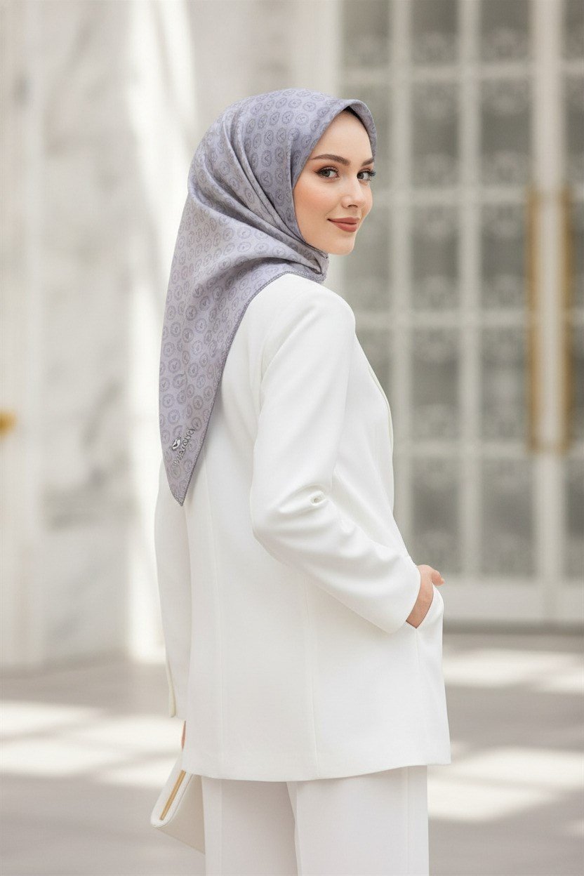 % 57 İPEK % 43 VİSKON Twill İpek Monogram Desenli Gümüş Renkli 90x90 Eşarp Dikim Şekli : El Dikişi