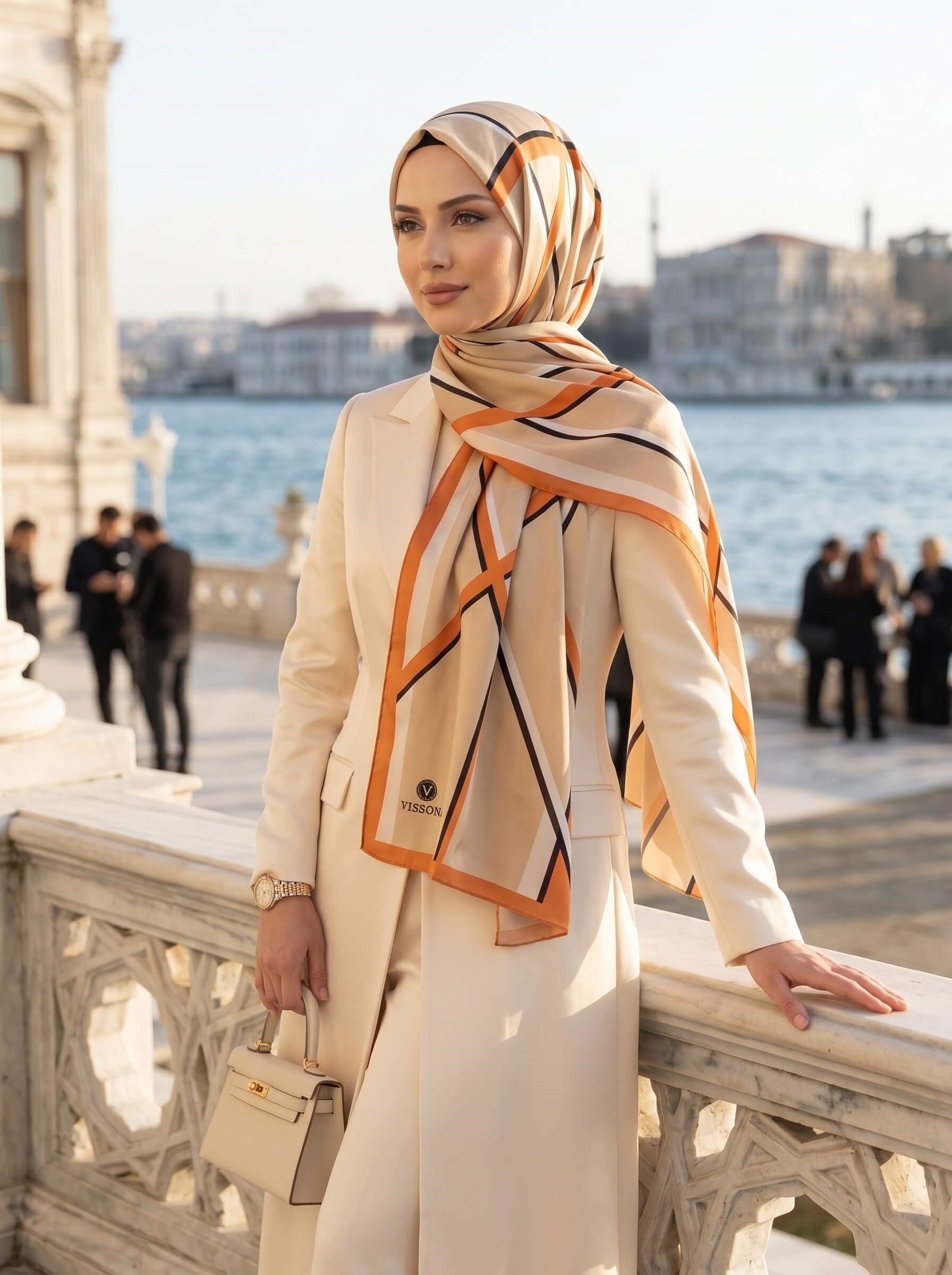 %100 Saf İpek Şal İnce Saten Vual Dokuma Çizgi Desenli Bej - Taba Renkli 90x210 Şal