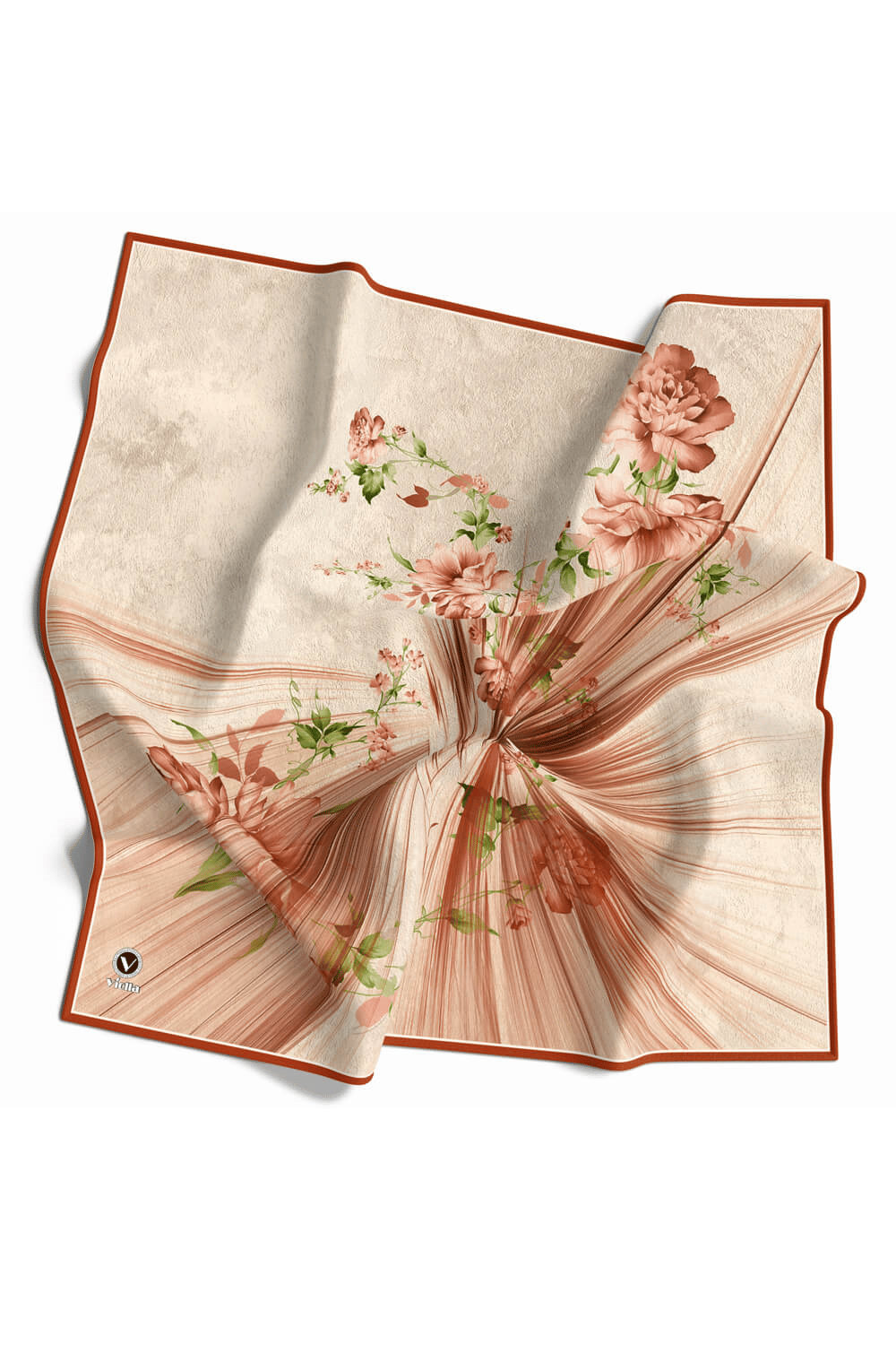 Twill Çiçekli Desenli Taba Renkli 90x90 Eşarp (İpek İçermez) Kenar Dikiş Şekli El Dikişli
