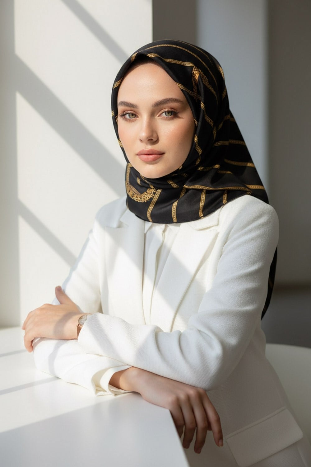 %100 Twill İpek Kemer Desenli Siyah - Siyah Renkli 90x90 Eşarp Dikim Şekli : El Dikişi
