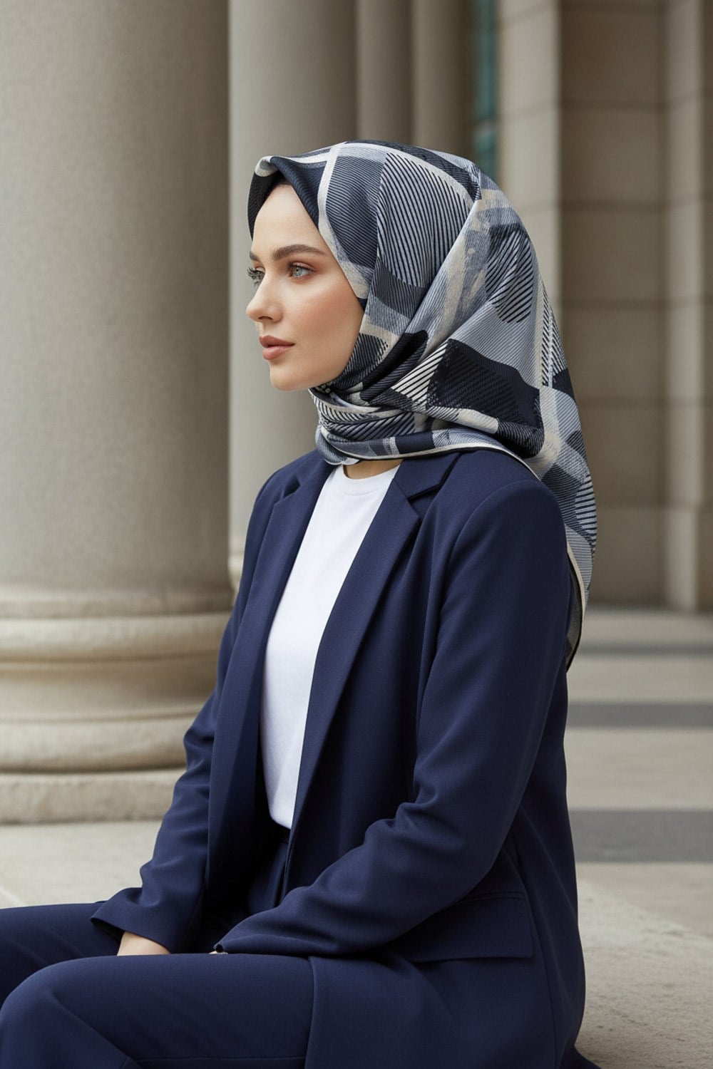 %100 Twill İpek Geometri Desenli Siyah-Krem Renkli 90x90 Eşarp Kenar Dikiş Şekli El Dikişli