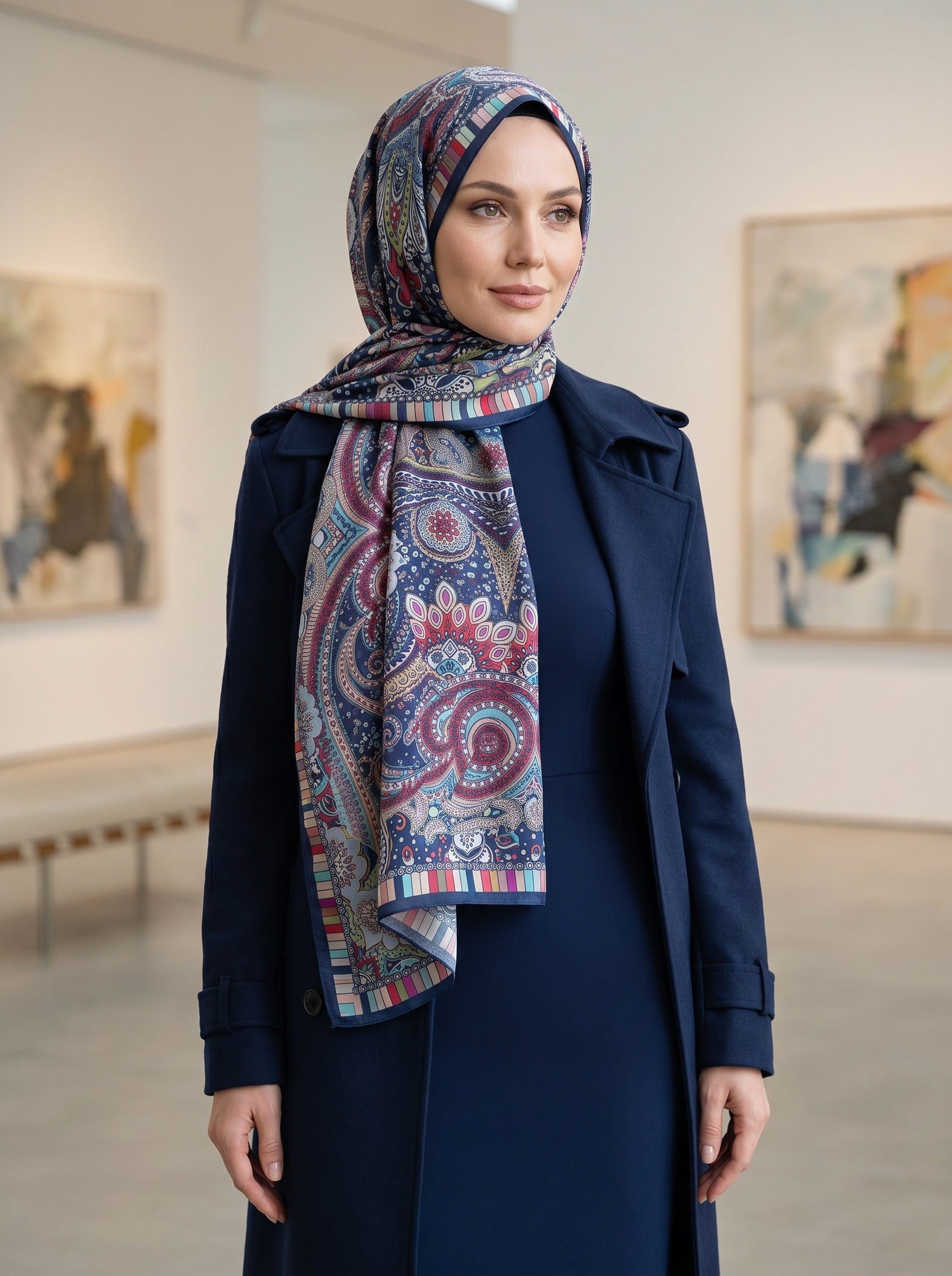 %100 Saf İpek Şal İnce Saten Vual Dokuma Etro Desenli Lacivert Renkli 90x210 Şal